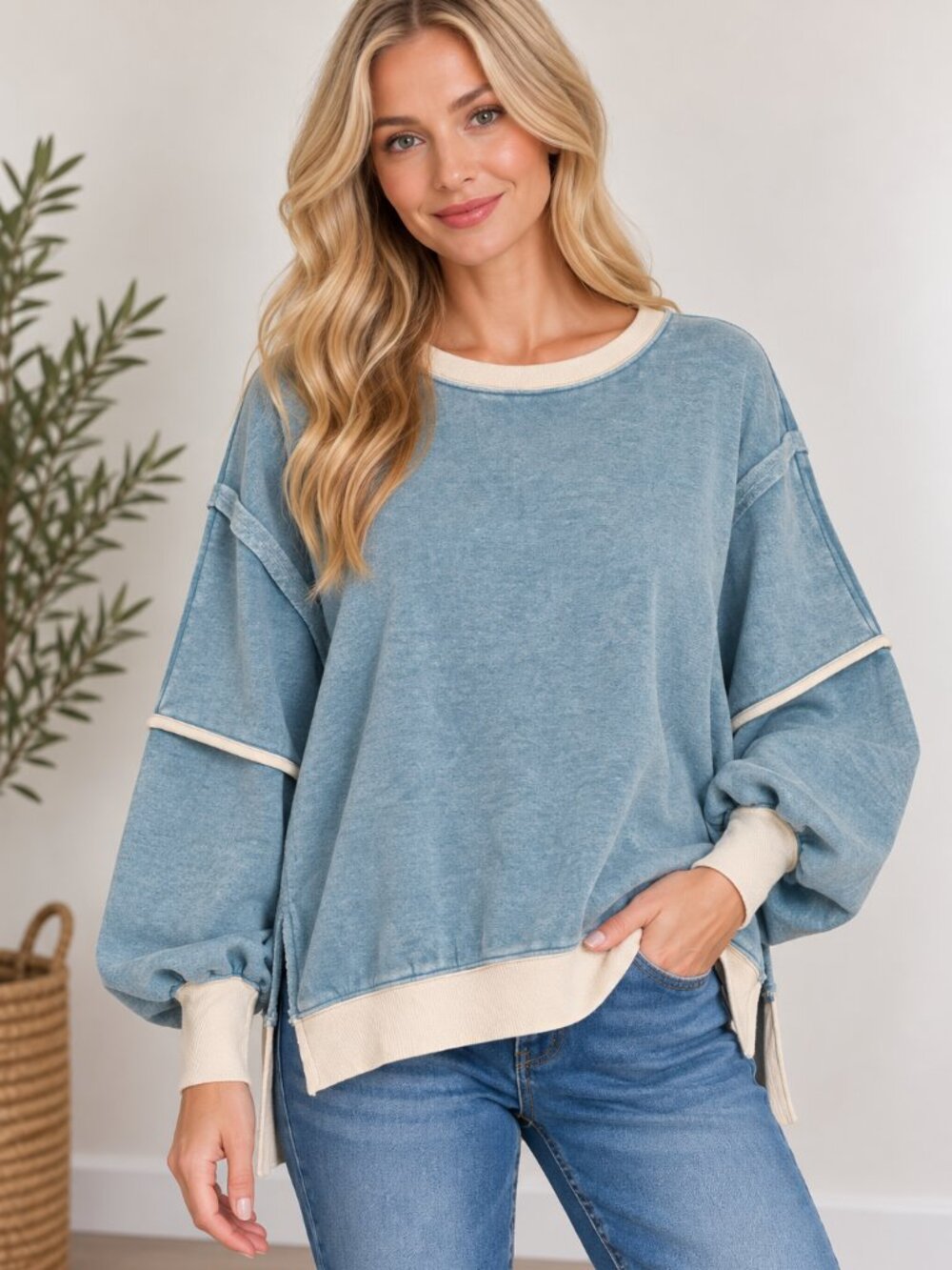 Women's Blue Gray Fleece Acid Washed Sweatshirt with Balloon Sleeves